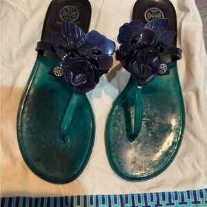 Tory Burch Teal Sandal with Navy Floral Accent
